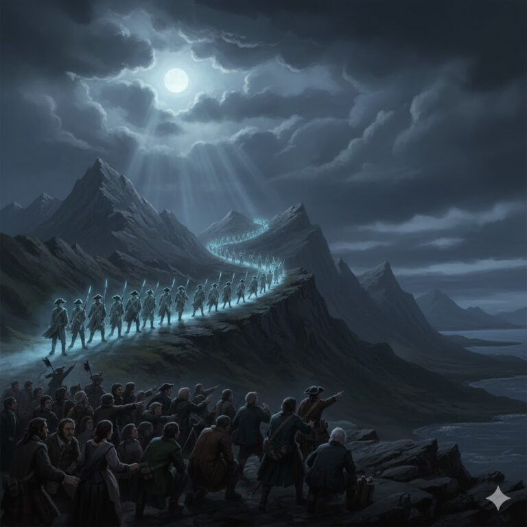 Illustration of the 1744 Knott, Scotland sighting where 26 witnesses observed spectral aerial troops marching over a mountain for two hours.
