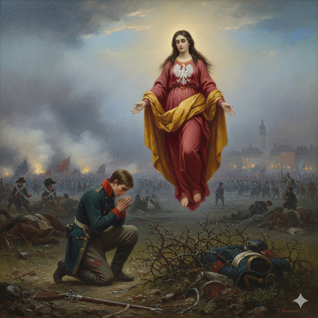 Historical illustration of the 1813 apparition of the Immaculate seen by Tomasz Kossowski near Leipzig, Germany.