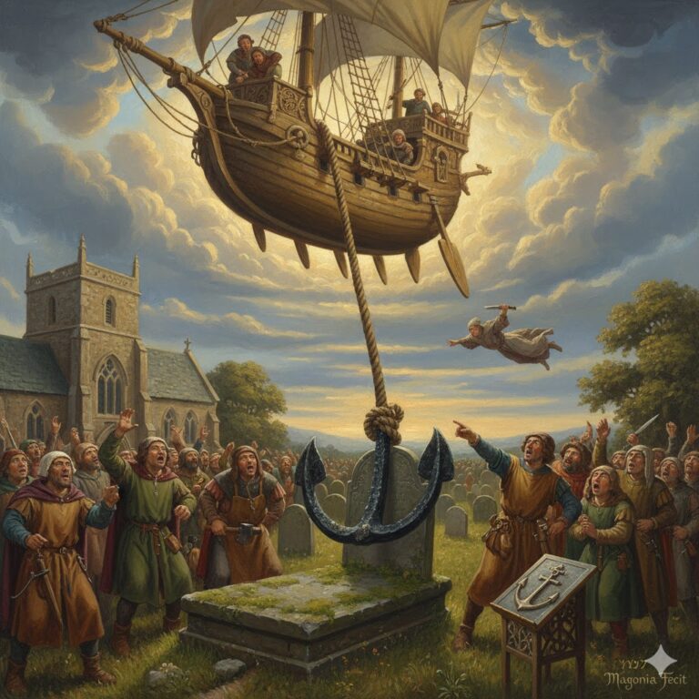 Historical illustration of the 1207 CE-III sighting in Gravesend, Kent, showing a medieval sky ship with an anchor snagged on a churchyard tombstone.