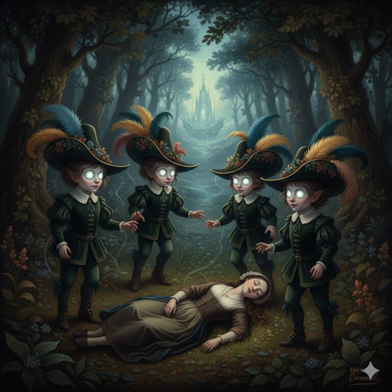Historical illustration of the 1645 CE-IV sighting in St Teath, Cornwall, showing Anne Jeffries surrounded by six small entities in feathered hats with glowing eyes.