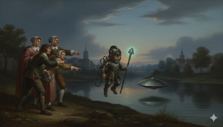 A historical illustration of the 1669 CE-III sighting in Torgau, Germany, depicting 17th-century witnesses on the banks of the Elbe River pointing at a levitating dwarf-like entity in a metallic suit and a nearby silver disc-shaped craft.