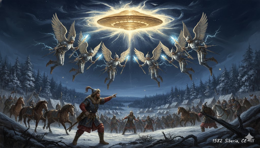 Historical illustration of the 1582 CE-III sighting in Siberia, Russia, showing winged heavenly warriors and a metallic craft over Khan Kuchum's camp.