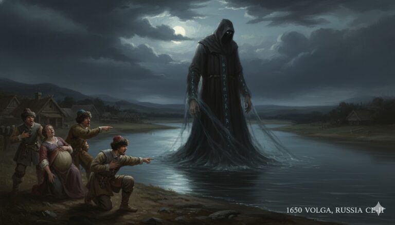A historical illustration of a 1650 sighting in the Volga Region, Russia, depicting 17th-century Cossack witnesses on a riverbank pointing at a 6-meter tall dark humanoid giant standing in the water.