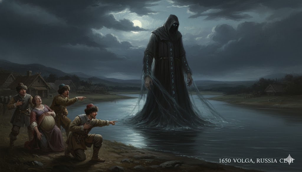 A historical illustration of a 1650 sighting in the Volga Region, Russia, depicting 17th-century Cossack witnesses on a riverbank pointing at a 6-meter tall dark humanoid giant standing in the water.