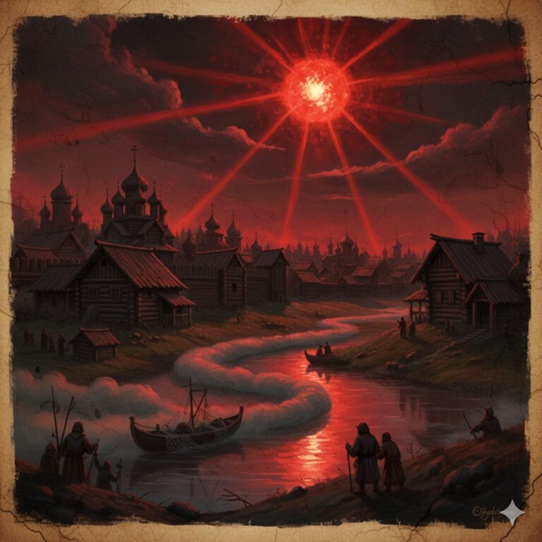 Medieval illustration of a massive red star with beams of light over ancient Kyiv in 1065.