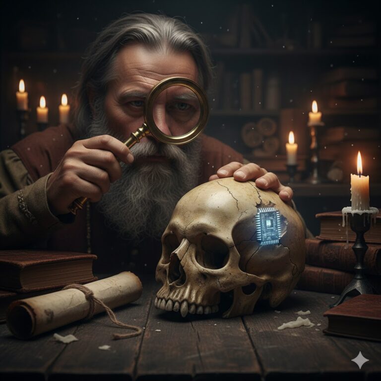 "Cinematic illustration of a medieval human skull with a glowing blue metallic microchip implant, being examined by a scientist with a magnifying glass in a dark 16th-century Russian study."