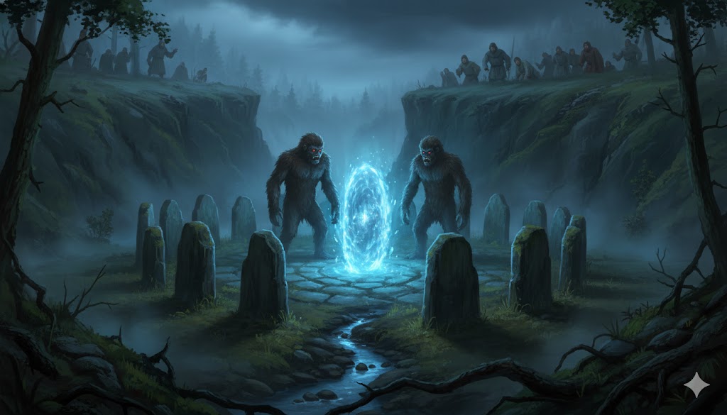 Illustration of a 1566 sighting south of Moscow featuring two hairy wood goblin entities near a glowing portal in the Golosovyi gully.