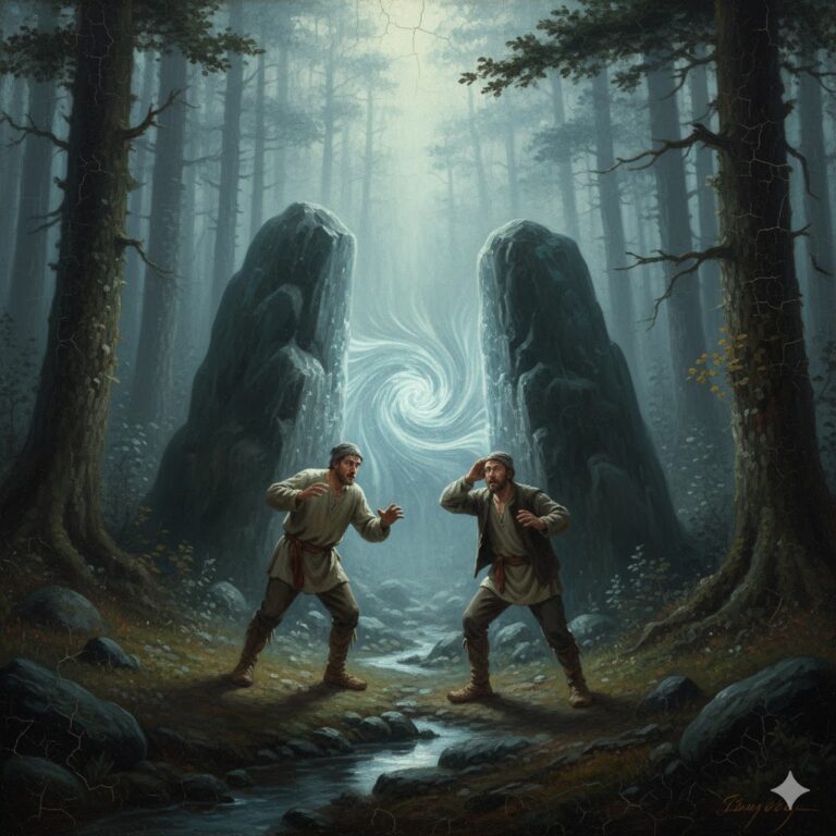 Cinematic oil painting of two 19th-century peasants witnessing a glowing dimensional portal between two large stones in Kolomenskoye, 1825.