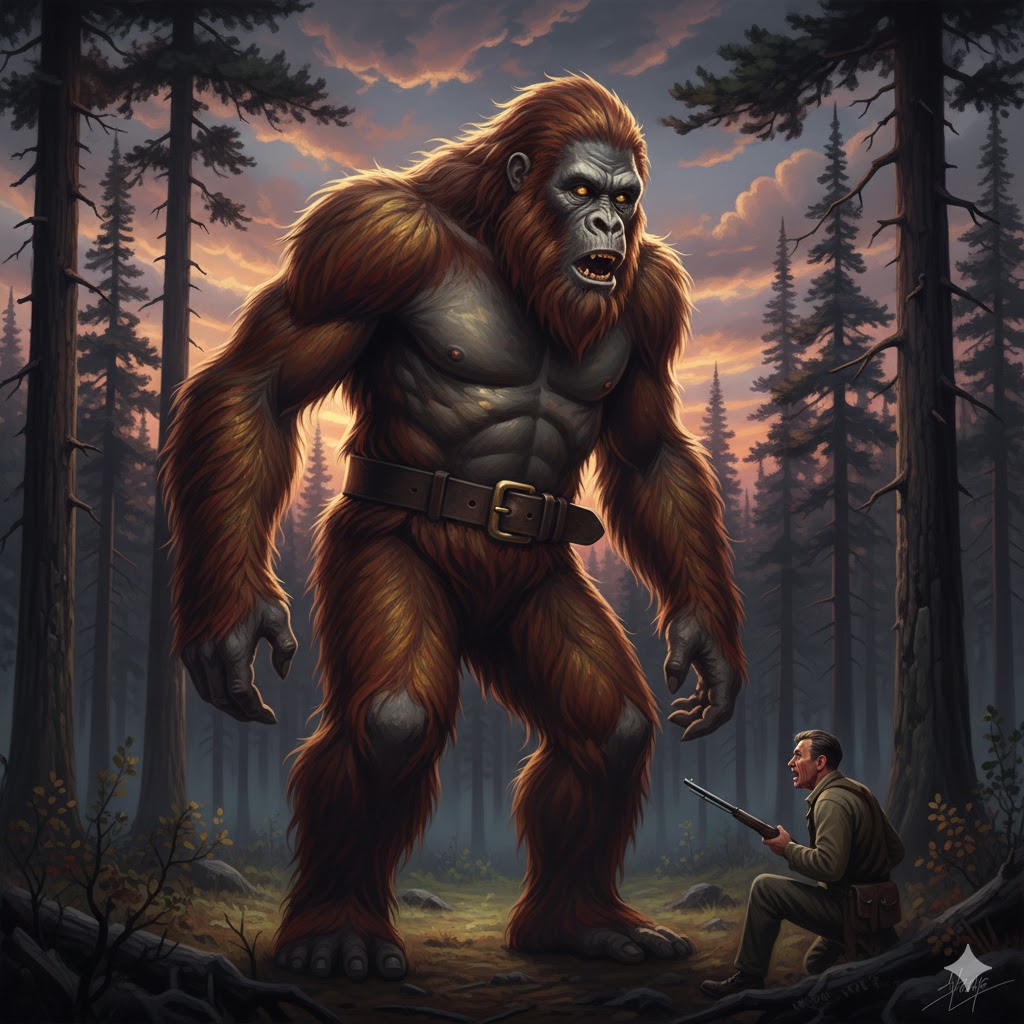 Illustration of the 1952 Seeley Lake sighting featuring a 7-foot tall hairy creature wearing a belt with a brass buckle.