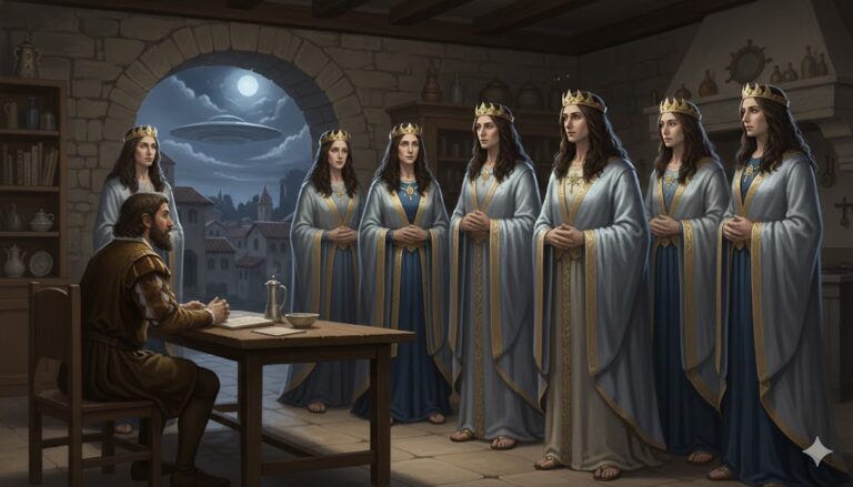 Renaissance-style illustration of the 1491 Milan UFO sighting, showing Fazio Cardano seated in a kitchen as seven majestic entities in bright robes and Greek tiaras appear before him under a full moon.