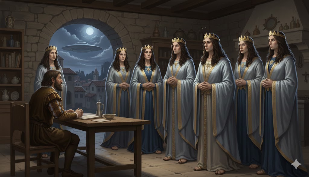 Renaissance-style illustration of the 1491 Milan UFO sighting, showing Fazio Cardano seated in a kitchen as seven majestic entities in bright robes and Greek tiaras appear before him under a full moon.