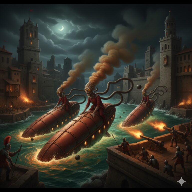 Dramatic illustration of the 1608 Genoa USO battle showing scaly humanoids on reddish vessels emerging from the sea while being fired upon by shore cannons.