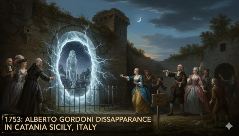 Artistic depiction of the 1753 Alberto Gordoni disappearance in Catania, Sicily, showing an 18th-century crowd witnessing a glowing blue portal known as the Trap of the Devil.