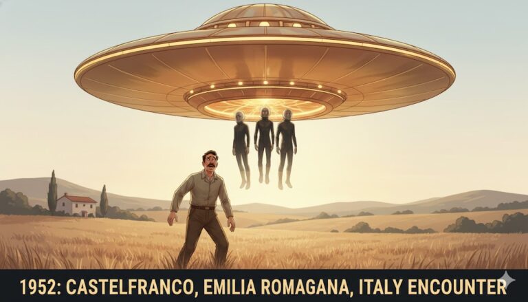 1952 Castelfranco Italy UFO encounter: Farmer Nello Ferrari observes golden craft and humanoids in rubber overalls.