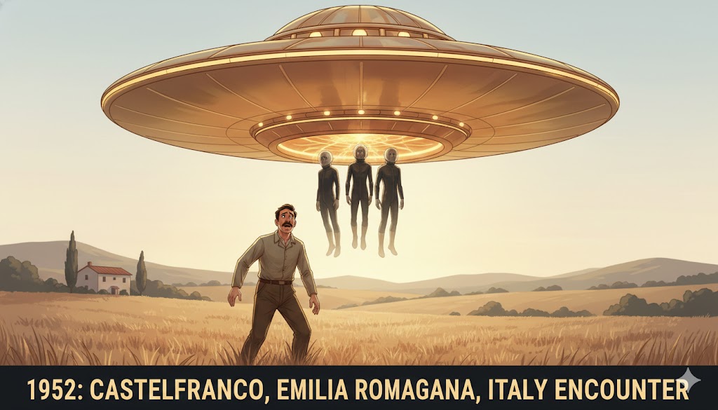 1952 Castelfranco Italy UFO encounter: Farmer Nello Ferrari observes golden craft and humanoids in rubber overalls.