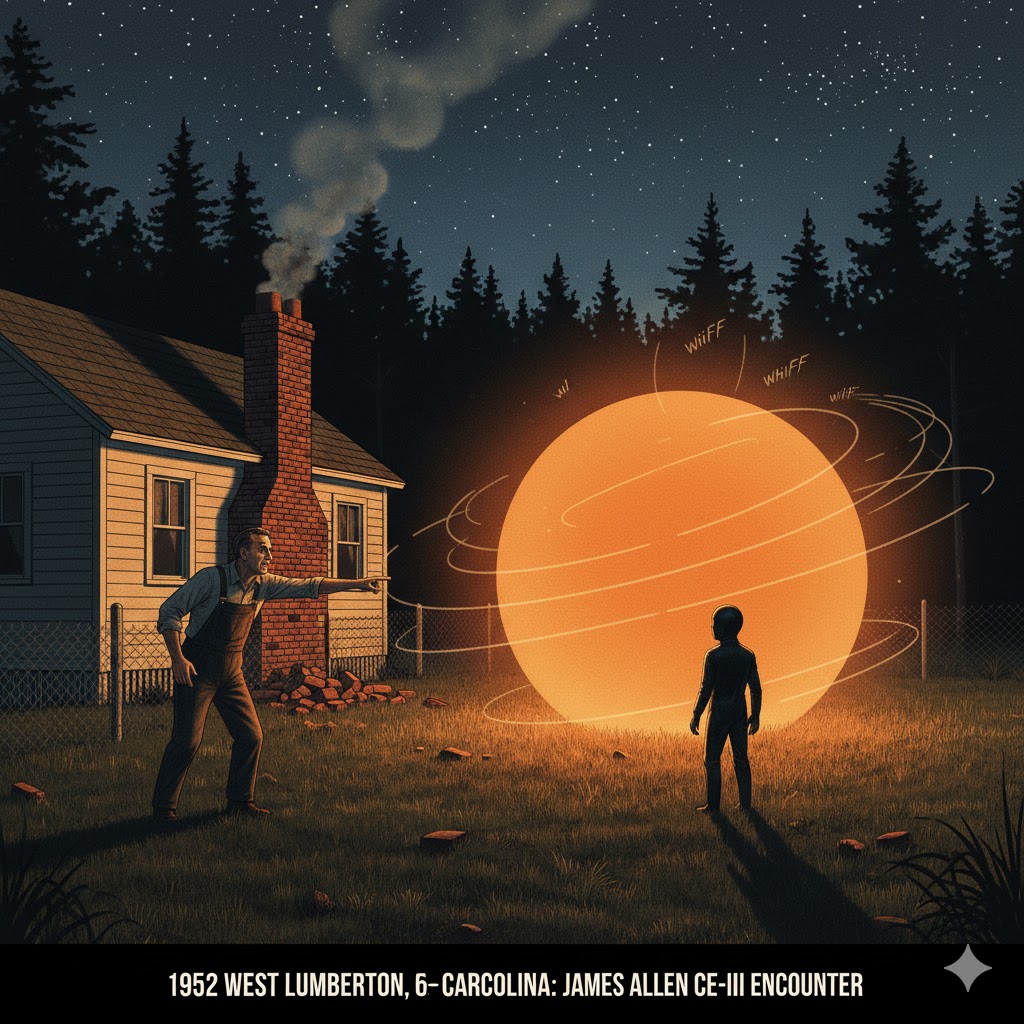 1952 West Lumberton NC UFO encounter: James Allen sighting of an orange ball craft and a 30-inch humanoid