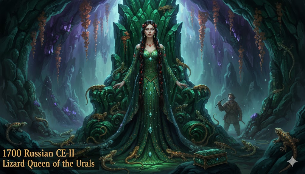 Digital illustration of the Lizard Queen of the Urals, a woman in a green malachite gown seated on a crystalline throne inside a cavern, surrounded by green lizards and a miner in 1700s attire.