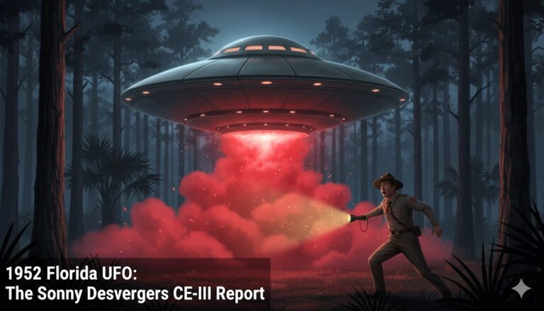 Digital illustration of the 1952 West Palm Beach UFO encounter: Scoutmaster Sonny Desvergers and boy scouts witness a massive gray disc emitting a red mist in a dark Florida forest.