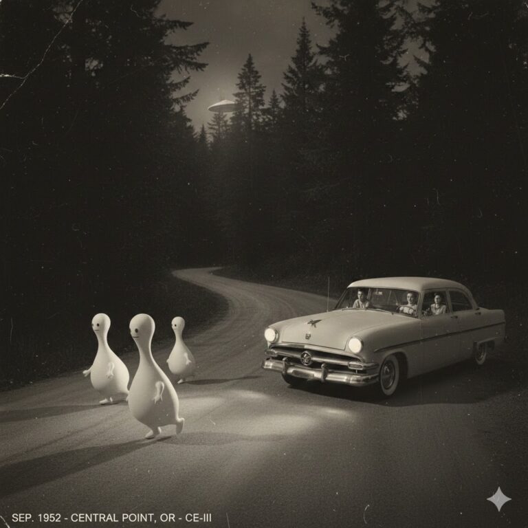 1952 Central Point Oregon UFO Encounter: Illustration of three white 'Shmoo-like' entities crossing a road in front of a 1950s car.