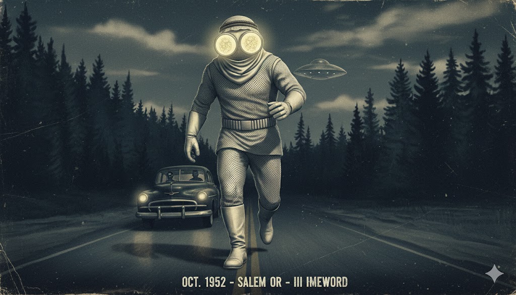 1952 Salem Oregon 8ft Tall Entity with Glowing Eyes Illustration