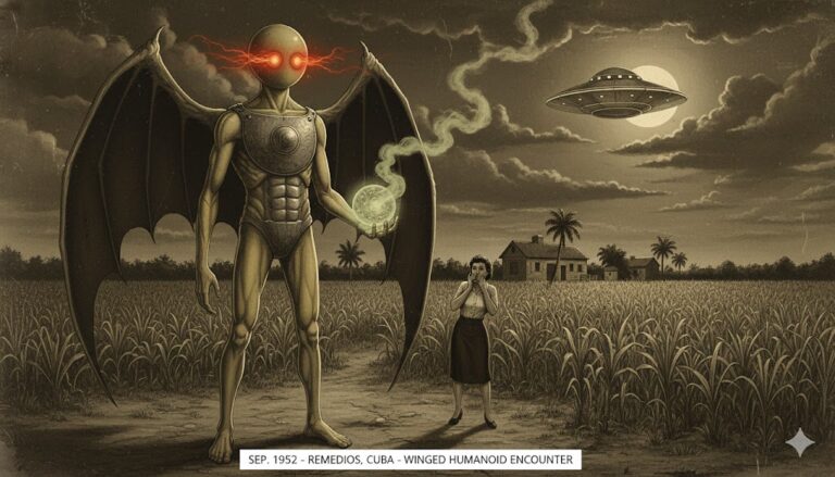 1952 Remedios Cuba UFO Encounter: Illustration of the 7ft tall winged humanoid with a silvery chest plate and glowing eyes as seen by Caridad Martinez.