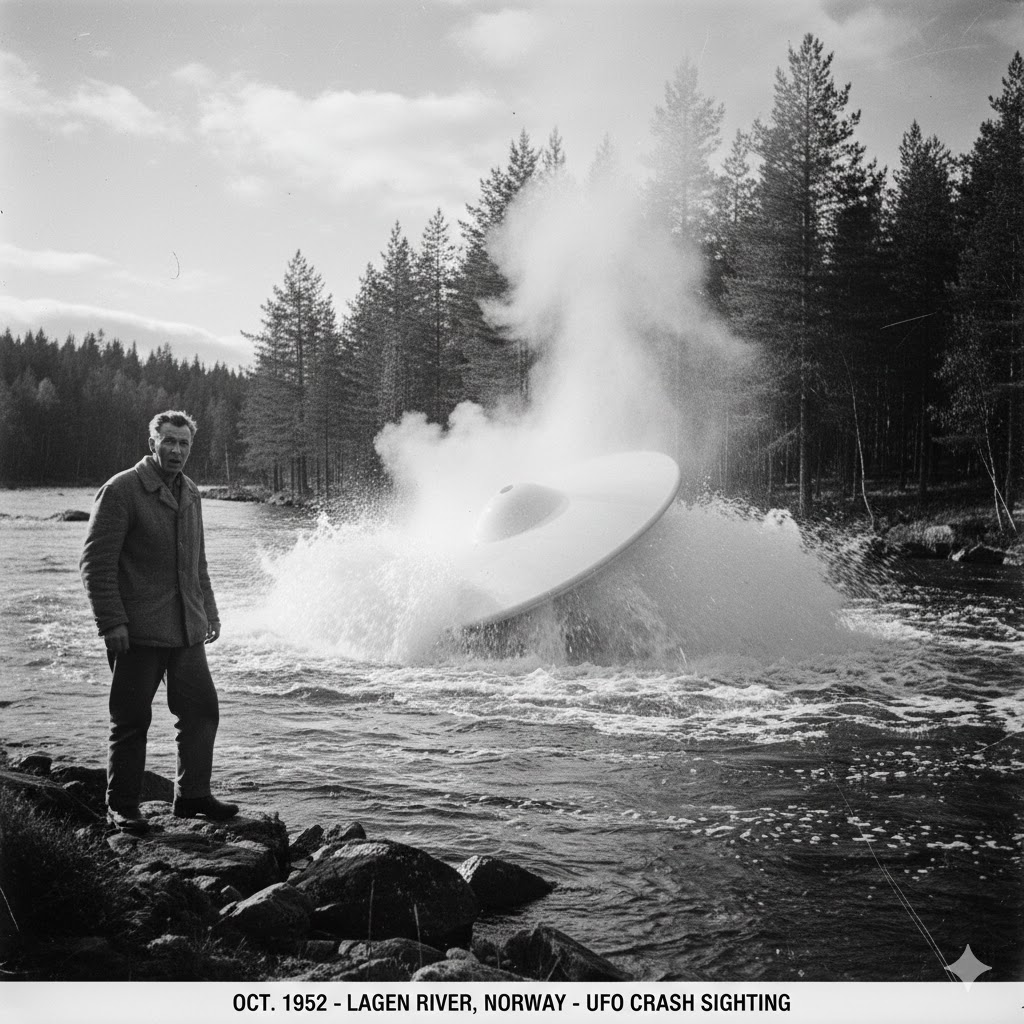 1952 Lagen River Norway UFO Crash: Witness Johannes Nordlien standing by the riverbank as a 4-meter white saucer impacts the water with a massive splash.