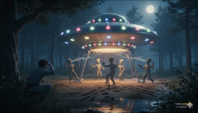 Digital illustration of a 1952 UFO encounter in Little Spring Creek, Tennessee, featuring a shiny aluminum saucer with rotating multicolored lights landed in a rural forest. Small humanoid entities are seen dancing and singing around the craft while a witness watches from the shadows.