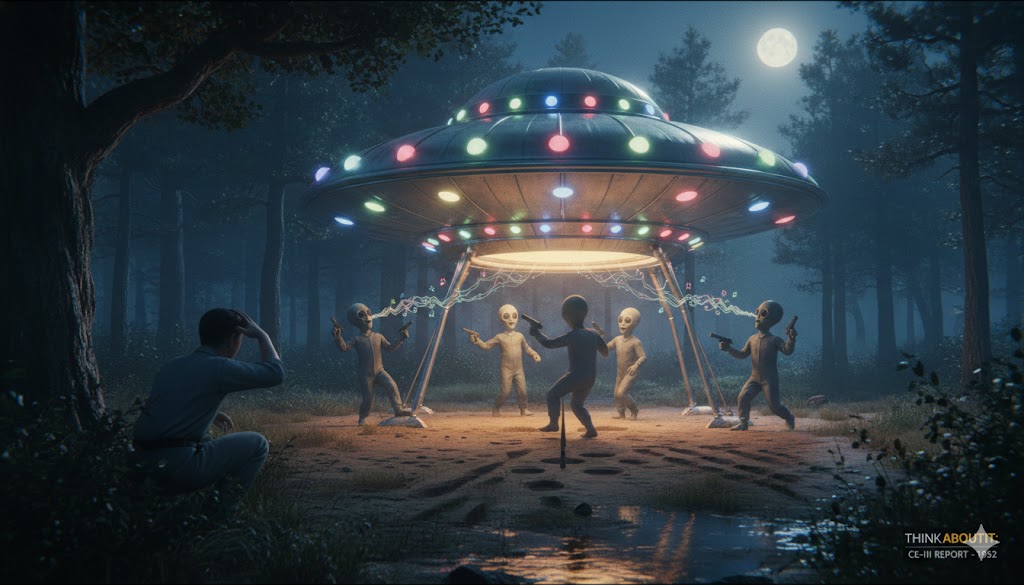 Digital illustration of a 1952 UFO encounter in Little Spring Creek, Tennessee, featuring a shiny aluminum saucer with rotating multicolored lights landed in a rural forest. Small humanoid entities are seen dancing and singing around the craft while a witness watches from the shadows.