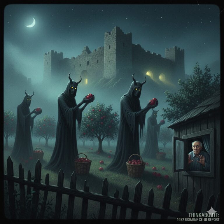 Digital illustration of the 1952 "horned" humanoid sighting in Belgorod-Dnestrovskiy, Ukraine. Tall, robed entities with horns gather in a moonlit orchard near an ancient stone fortress while an elderly witness watches from a cottage window.