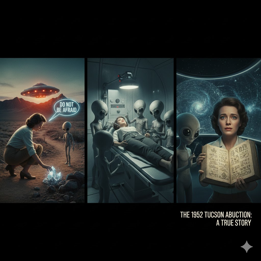 AI-generated reconstruction of the 1952 Tucson Arizona UFO abduction, showing a witness in the desert and small gray humanoids with large bald heads and black eyes near a glowing saucer-shaped craft at night.