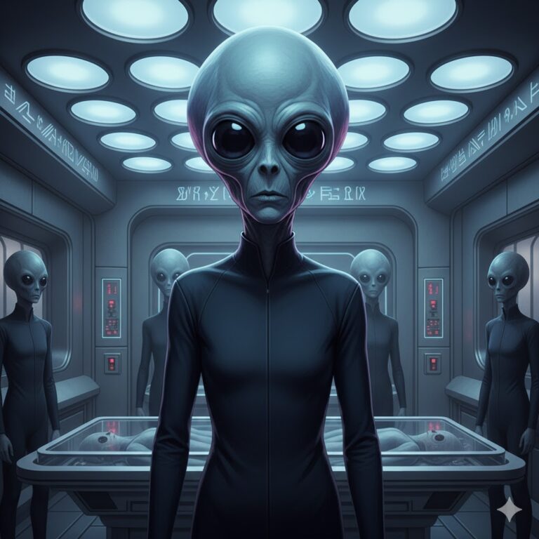 AI reconstruction of the 1952 Evergreen Colorado abduction, showing a tall "Elder" humanoid with a large hairless head and big eyes inside a craft with pulsating ceiling lights.