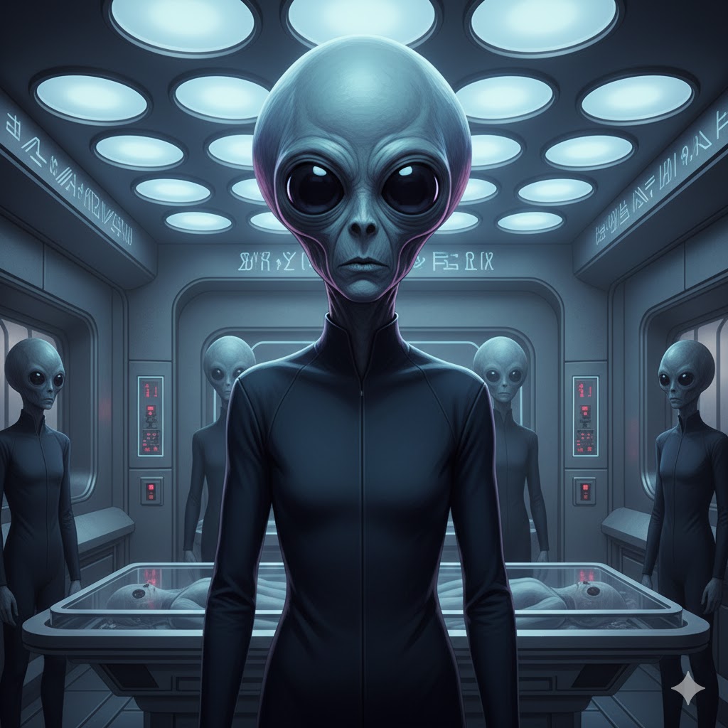 AI reconstruction of the 1952 Evergreen Colorado abduction, showing a tall "Elder" humanoid with a large hairless head and big eyes inside a craft with pulsating ceiling lights.