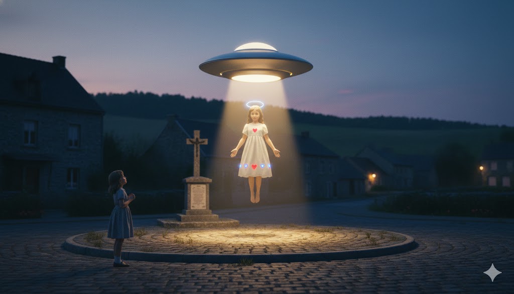 AI reconstruction of the 1952 Gerpinnes Belgium UFO sighting, depicting a glowing disc-shaped craft hovering over a village traffic island with a religious apparition in the beam.