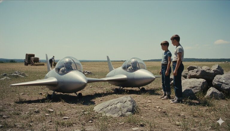 AI reconstruction of the 1952 Litchfield Pennsylvania sighting showing two jet-like craft and pilots with oxygen masks in a rocky hilltop field.