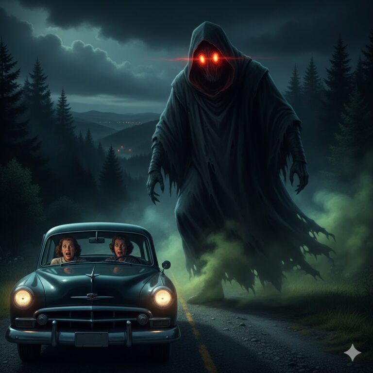 AI reconstruction of the 1952 Weston West Virginia creature encounter, showing a massive eight-foot tall black-cloaked entity with glowing red eyes gliding near a car.