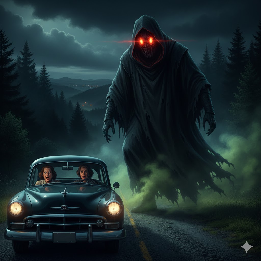 AI reconstruction of the 1952 Weston West Virginia creature encounter, showing a massive eight-foot tall black-cloaked entity with glowing red eyes gliding near a car.