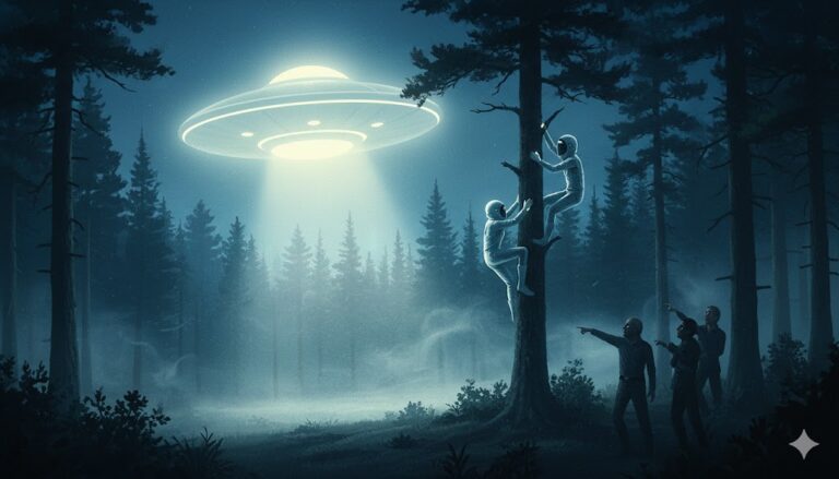 AI reconstruction of the 1952 Charleston West Virginia sighting showing two men in bright suits climbing a tree near a luminous disc-shaped UFO.