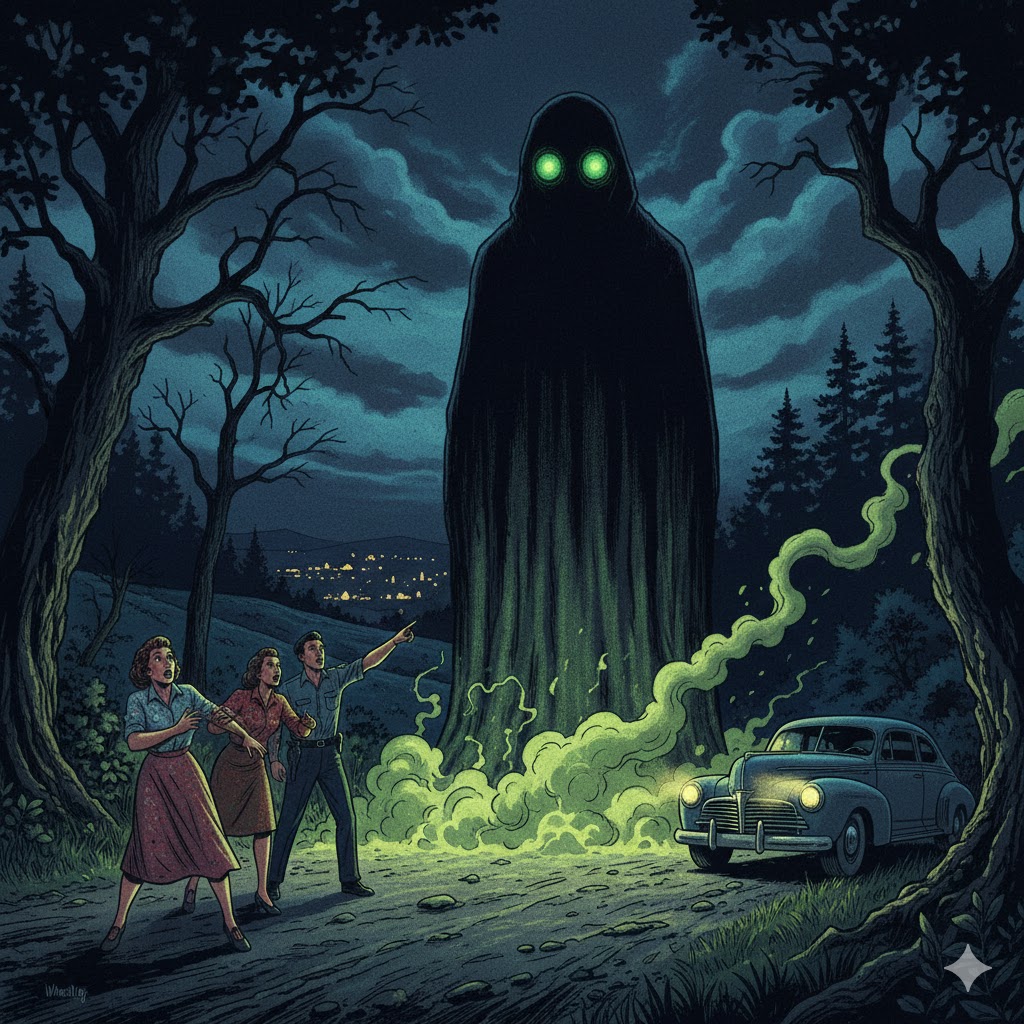 AI reconstruction of the 1952 Wheeling West Virginia monster encounter on Vineyard Hill, showing a 10-foot tall entity with glowing green eyes and nauseating mist near a car.