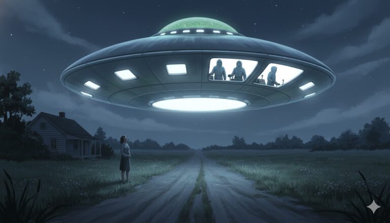 Illustration of a 1952 CE-III encounter in Prospect Heights, Illinois, featuring a hovering disc with visible occupants and a witness on the ground.