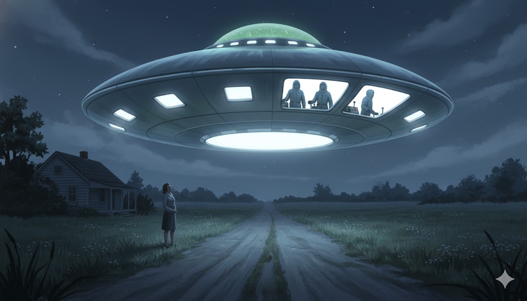 Illustration of a 1952 CE-III encounter in Prospect Heights, Illinois, featuring a hovering disc with visible occupants and a witness on the ground.