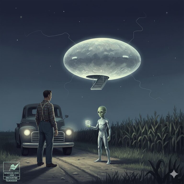Illustration of a 1952 UFO encounter in Windham, Ohio, showing a man confronting a small green entity near an egg-shaped craft.