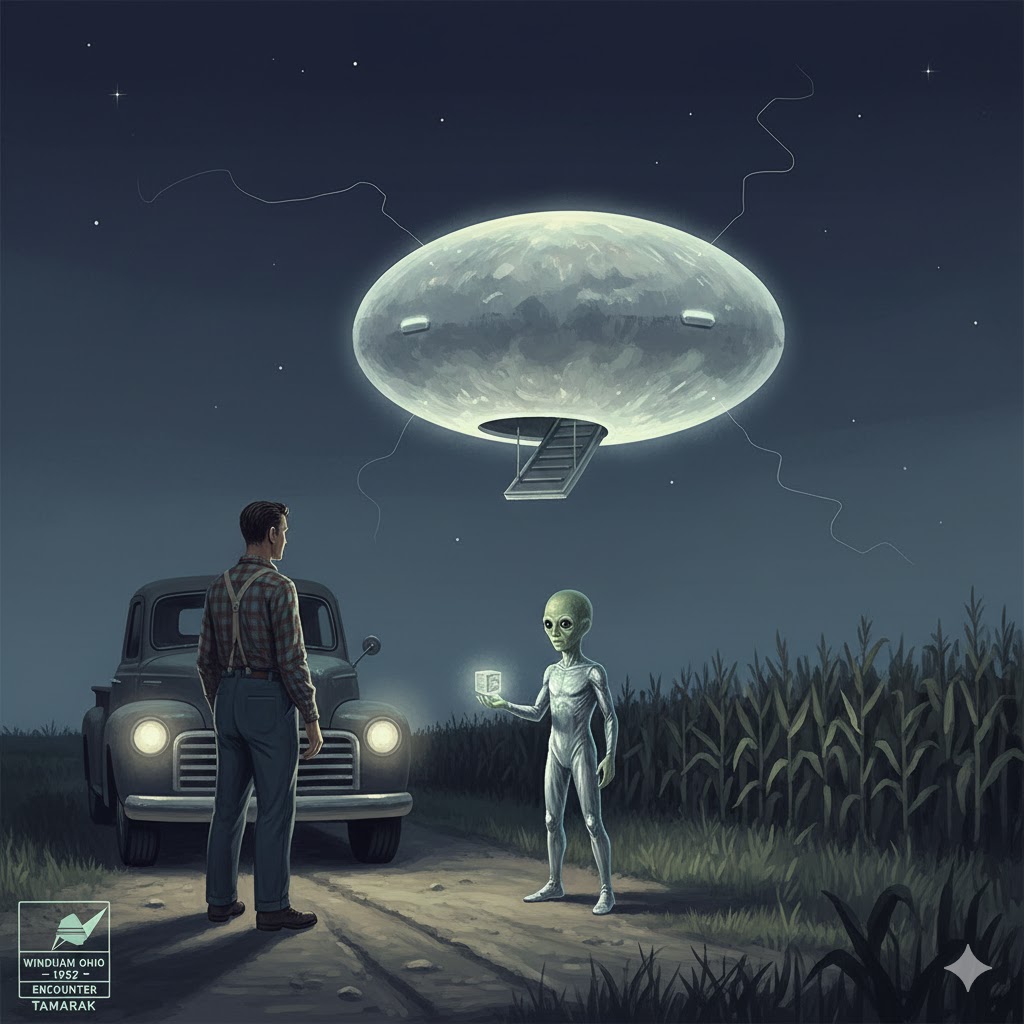 Illustration of a 1952 UFO encounter in Windham, Ohio, showing a man confronting a small green entity near an egg-shaped craft.