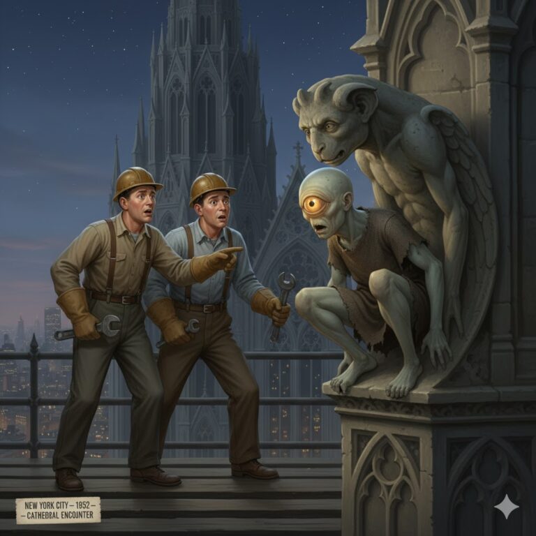 Illustration of a one-eyed humanoid discovered on the scaffolding of St. John the Divine Cathedral in NYC, 1952.