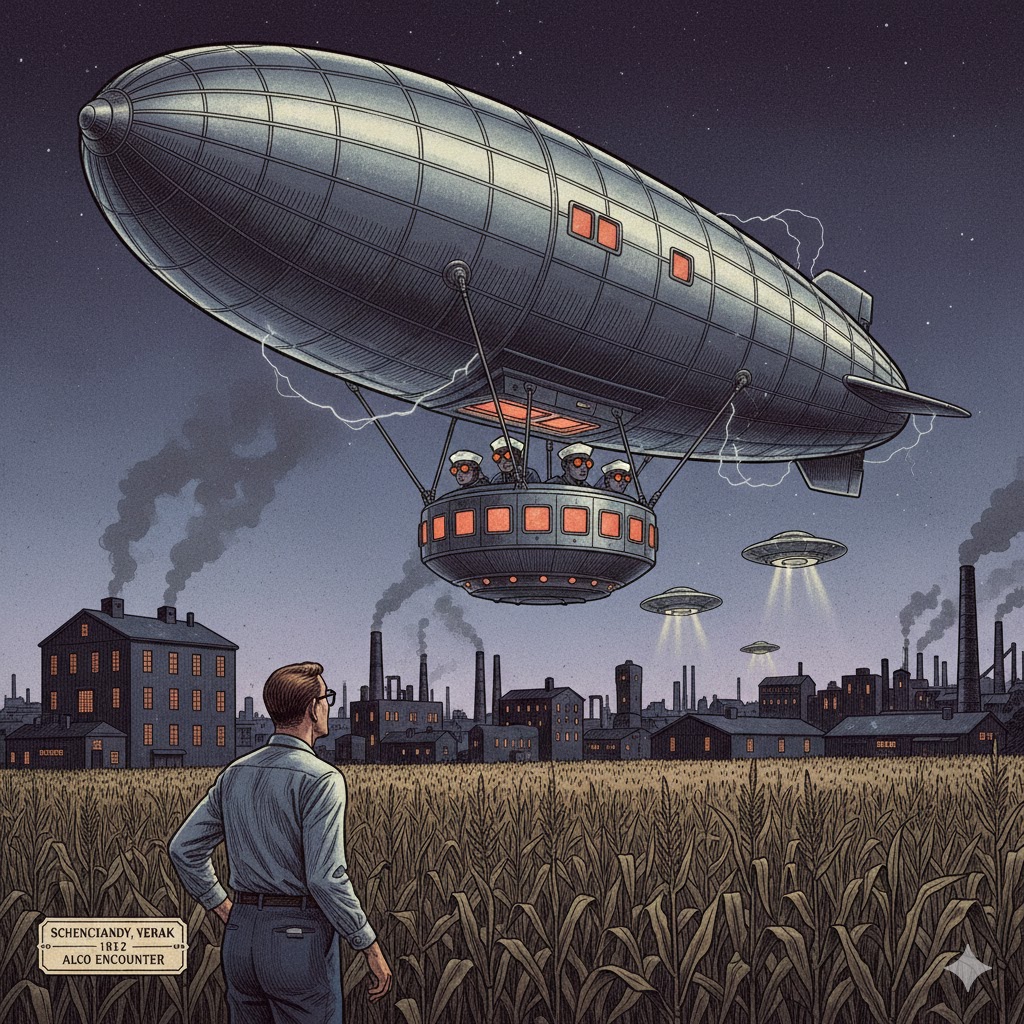 Illustration of a 1952 UFO encounter in Schenectady, NY, showing an oblong craft with a lowered gondola and occupants in Navy-style hats.