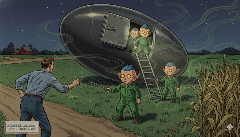A realistic illustration of a 1952 UFO encounter in Oceanside, NY, featuring a large metallic egg-shaped craft landed in a rural field at night. Three small beings with pointed ears and green overalls are visible, with one holding a metallic rod and another descending a ladder.