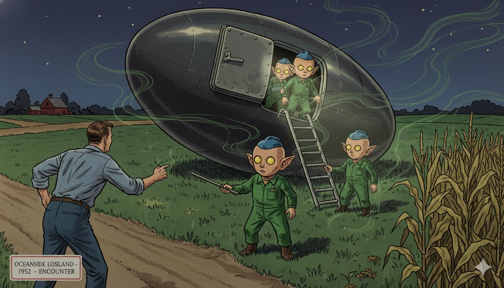 A realistic illustration of a 1952 UFO encounter in Oceanside, NY, featuring a large metallic egg-shaped craft landed in a rural field at night. Three small beings with pointed ears and green overalls are visible, with one holding a metallic rod and another descending a ladder.