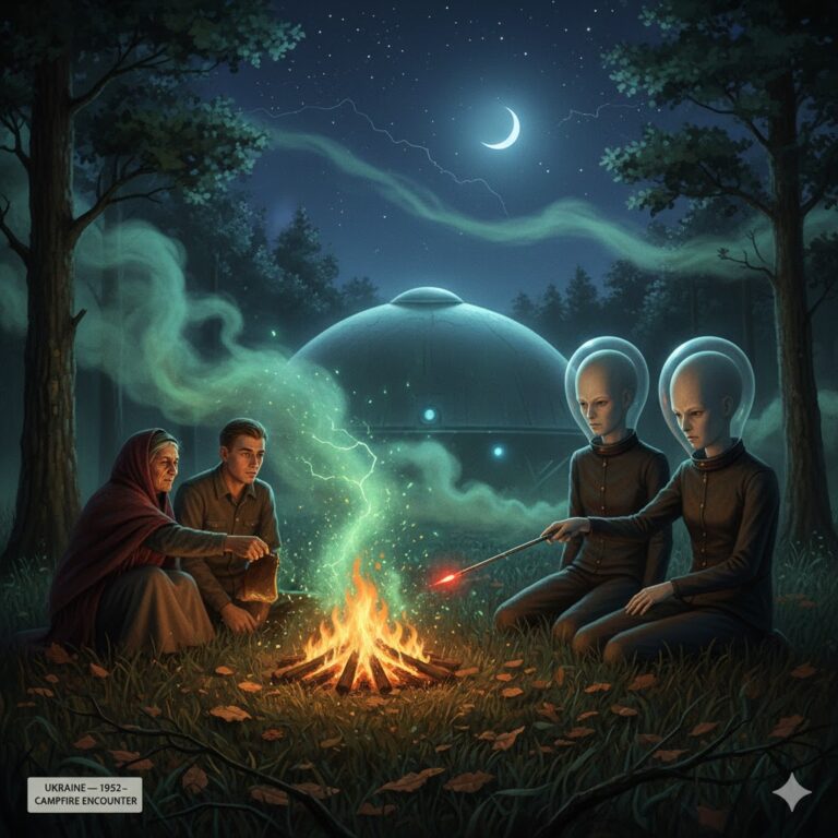 Realistic illustration of a 1952 UFO encounter in Ukraine; three humanoids with featureless heads sit around a bonfire with two witnesses while a dome-shaped craft rests in the background