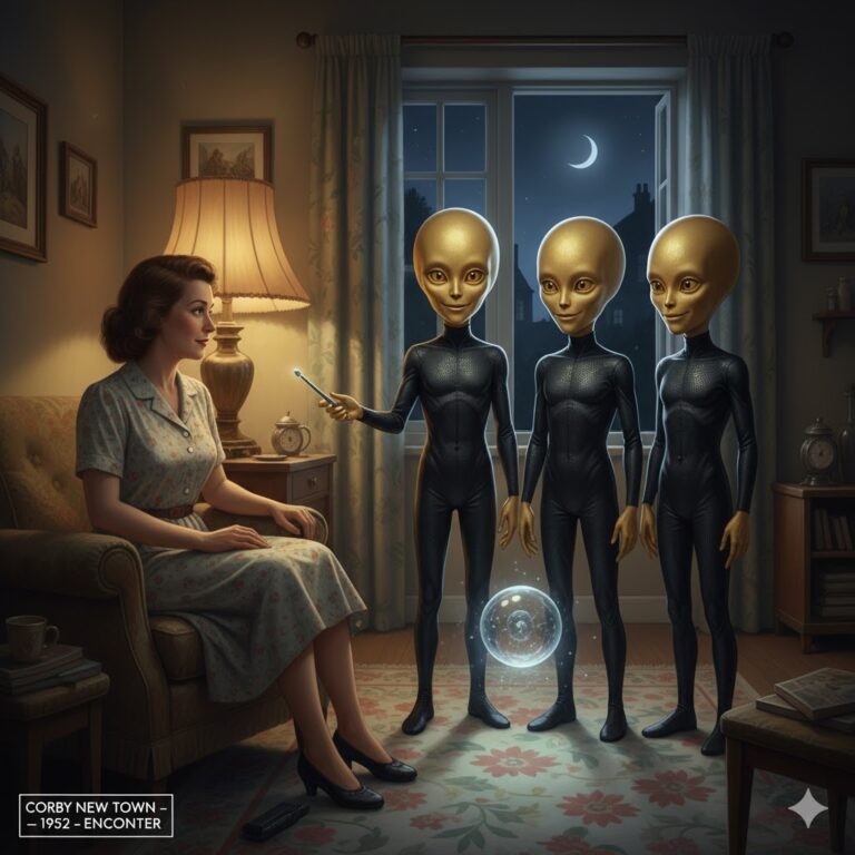 Realistic illustration of three smiling golden-skinned humanoids in black outfits appearing inside a 1950s living room near a floating glass-like object.