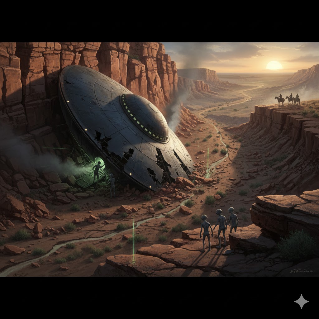Realistic illustration of a 1952 UFO crash in a Western Utah canyon, showing a large metallic disc embedded in a hillside with a physical gouge in the valley floor.