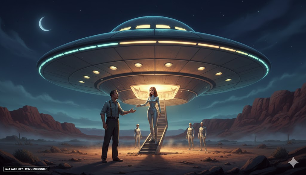 Realistic illustration of a 1952 UFO encounter near Salt Lake City, featuring a large saucer pulsing with light and a lady captain in a silver suit descending a ramp to meet a witness.